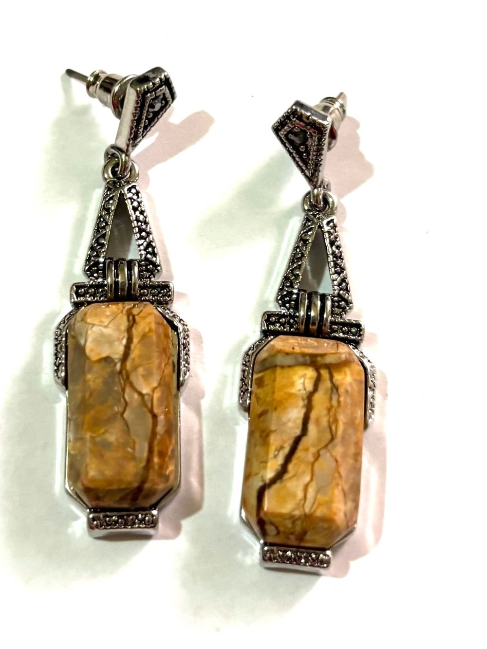 Vintage Yellow and Brown Jasper Drop Earrings with Silver-Tone Accents